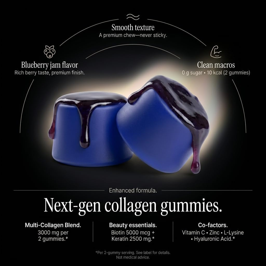 Collagen Peptides Gummies Sugar Free 3000Mg Multi Collagen Blend for Hair Skin & Nails Support + 2500Mg Keratin + 5000Mcg Biotin, Hyaluronic Acid, Vitamin C & Zinc, 60 Gummies (Packaging May Vary)