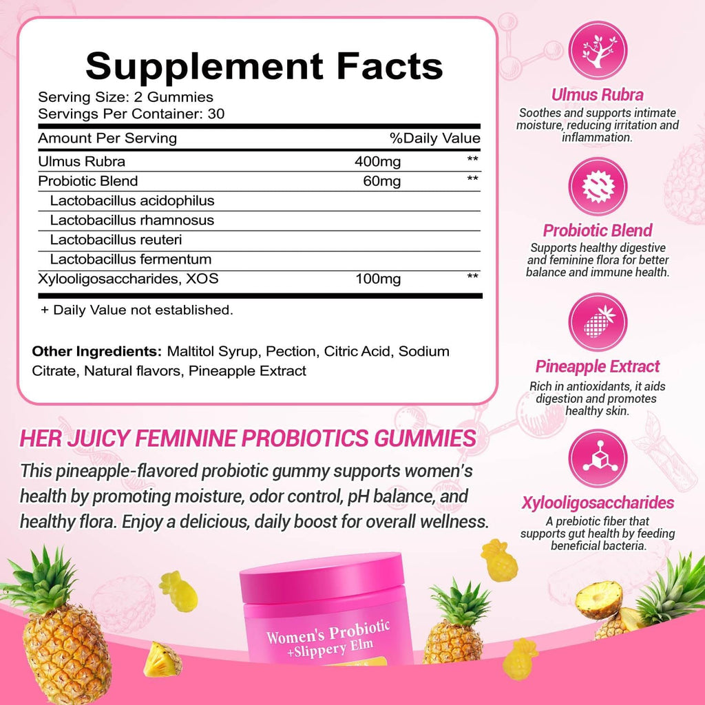 Her Juicy Feminine Probiotics Gummies, Premium Feminine Balance Gummies with Slippery Elm for Women'S Ph Balance, Healthy Odor, Flora and Immune Support – 30-Day Supply