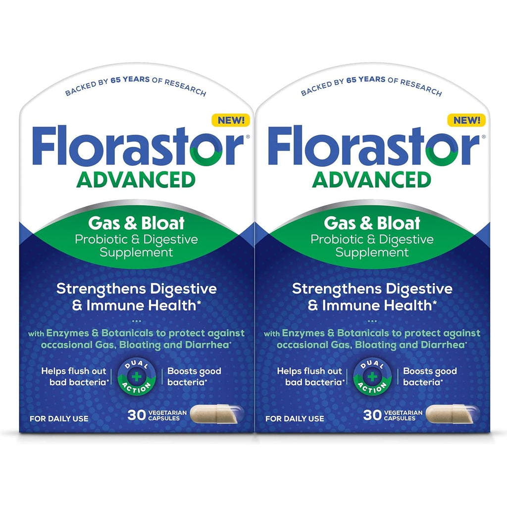 Florastor Advanced Gas and Bloat Probiotic, Digestive Enzymes and Botanicals, plus Probiotics for Digestive Health, 30 Capsules (Pack of 2)