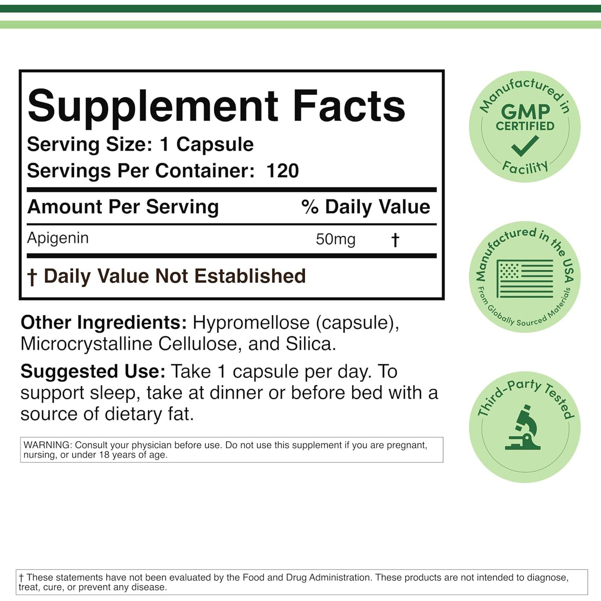Apigenin Supplement - 50Mg per Capsule, 120 Count (Powerful Bioflavonoid Found in Chamomile Tea for Relaxation, Sleep, and Mood) Senolytic Flavonols for Aging (Gluten Free) by Double Wood