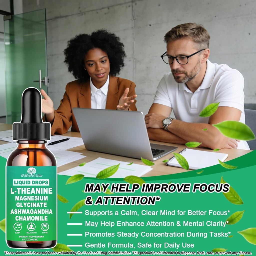 L Theanine Liquid Drops, Theanine Supplement with Magnesium Glycinate & Ashwagandha for Sleep, Relaxation & Focus Support, High Absorption Liquid L Theanine 200Mg for Adults & Kids丨Vegan, Non-Gmo, 2Oz