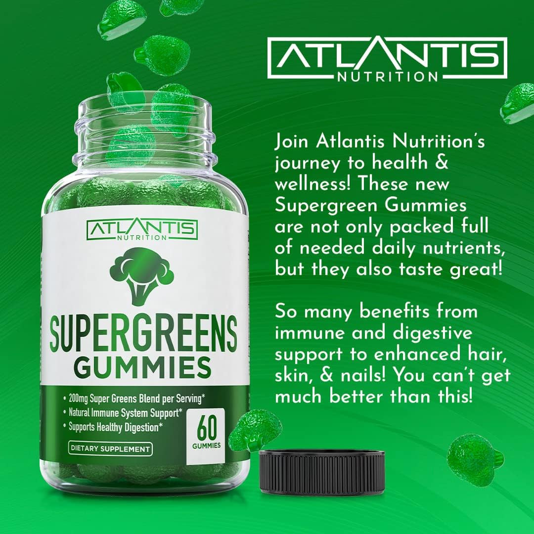 Atlantis Nutrition Supergreens Gummies - Daily Green Superfoods Supplement with Spinach, Broccoli, Moringa, Beet Root, Celery, Green Tea, & Acai for Immunity Support - Natural Raspberry Flavor, 60 Cnt
