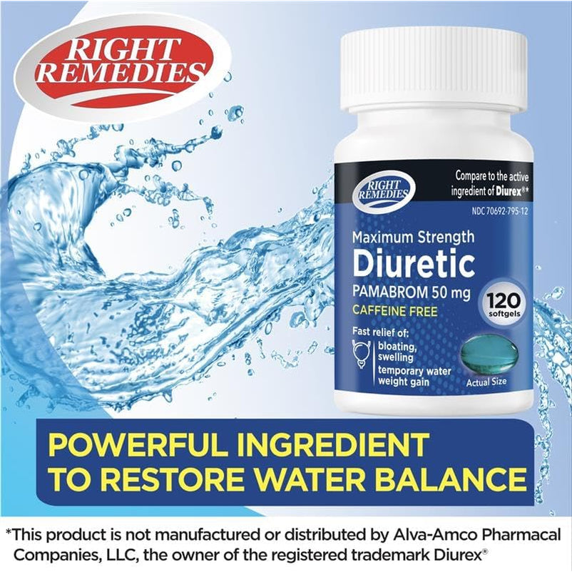 RIGHT REMEDIES Maximum Strength Caffeine-Free Diuretic Softgels, (120 Softgels), Pamabrom 50Mg, Helps Relieve Heaviness Due to Water Weight Gain