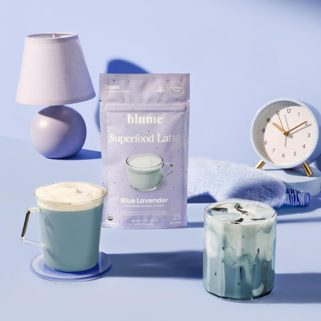 Blume Blue Lavender Superfood Latte Powder – Organic Lavender Tea Powder, Blue Spirulina, Blue Butterfly Pea Flower Tea, Chamomile, Coconut Milk - Caffeine Free, Vegan, 1G Sugar - 25 Servings