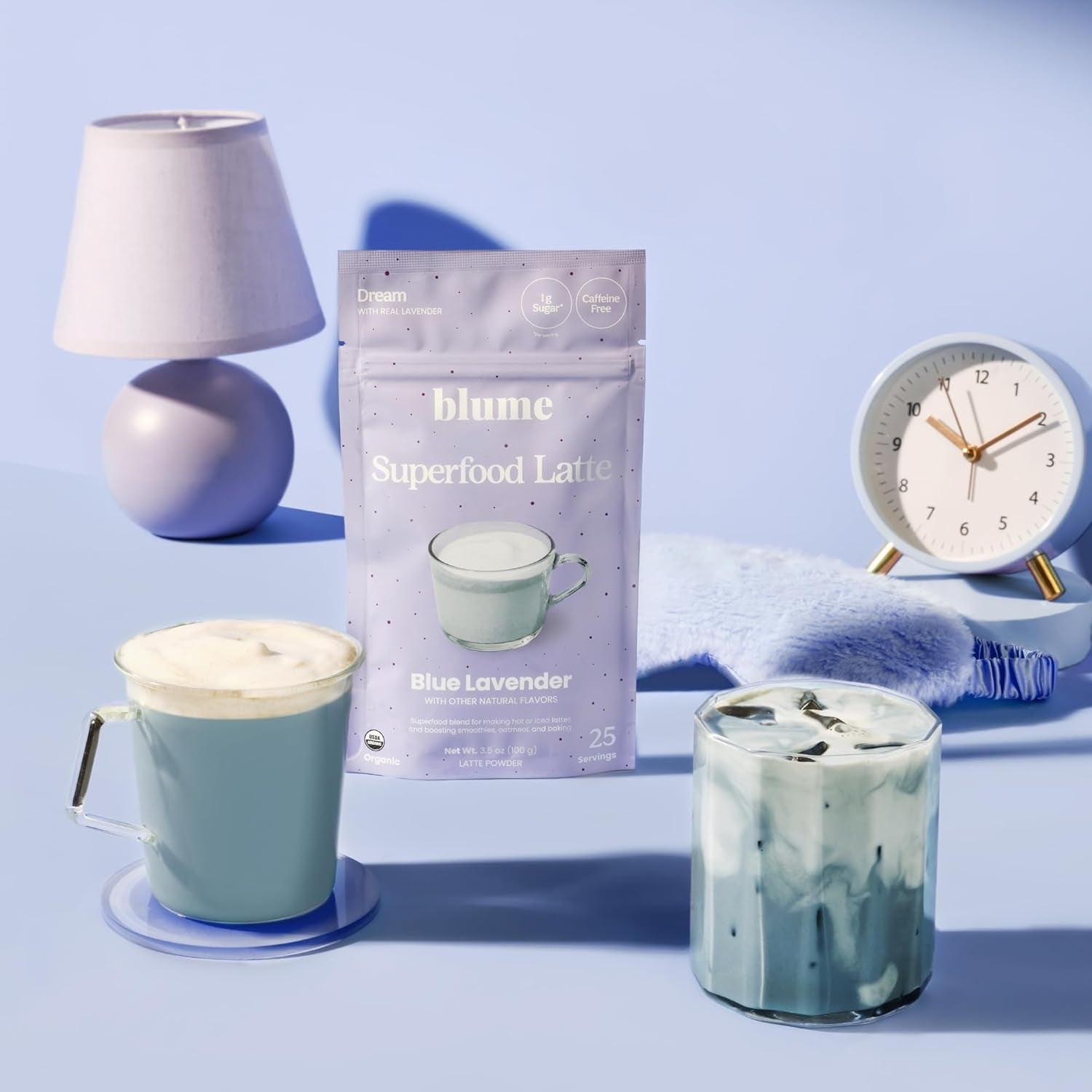 Blume Blue Lavender Superfood Latte Powder – Organic Lavender Tea Powder, Blue Spirulina, Blue Butterfly Pea Flower Tea, Chamomile, Coconut Milk - Caffeine Free, Vegan, 1G Sugar - 25 Servings