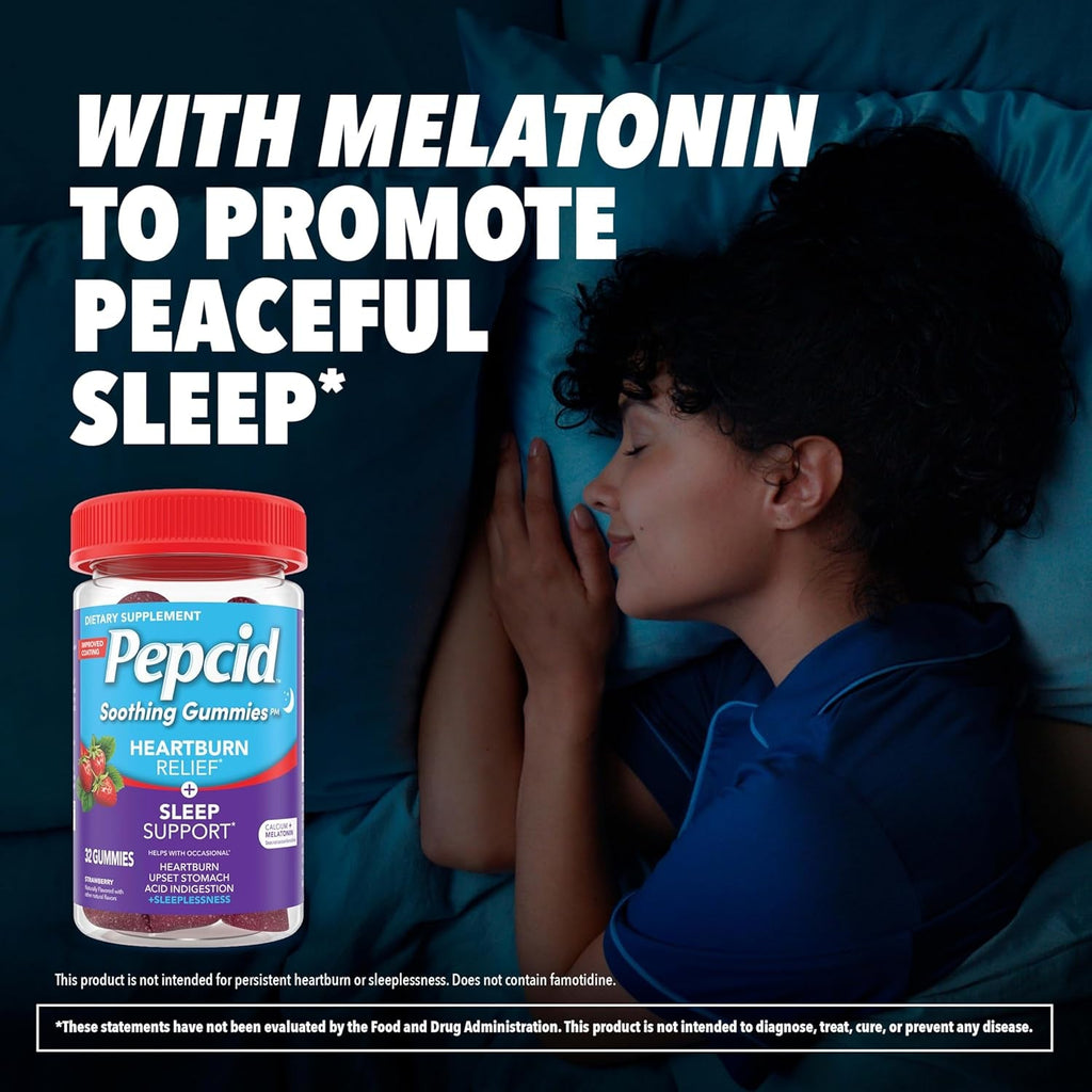 Pepcid Soothing Gummies, Heartburn Relief + Sleep Support Gummies Help Occasional Heartburn, Upset Stomach, Acid Indigestion + Sleeplessness, Calcium & Melatonin, Strawberry, 32 Ct