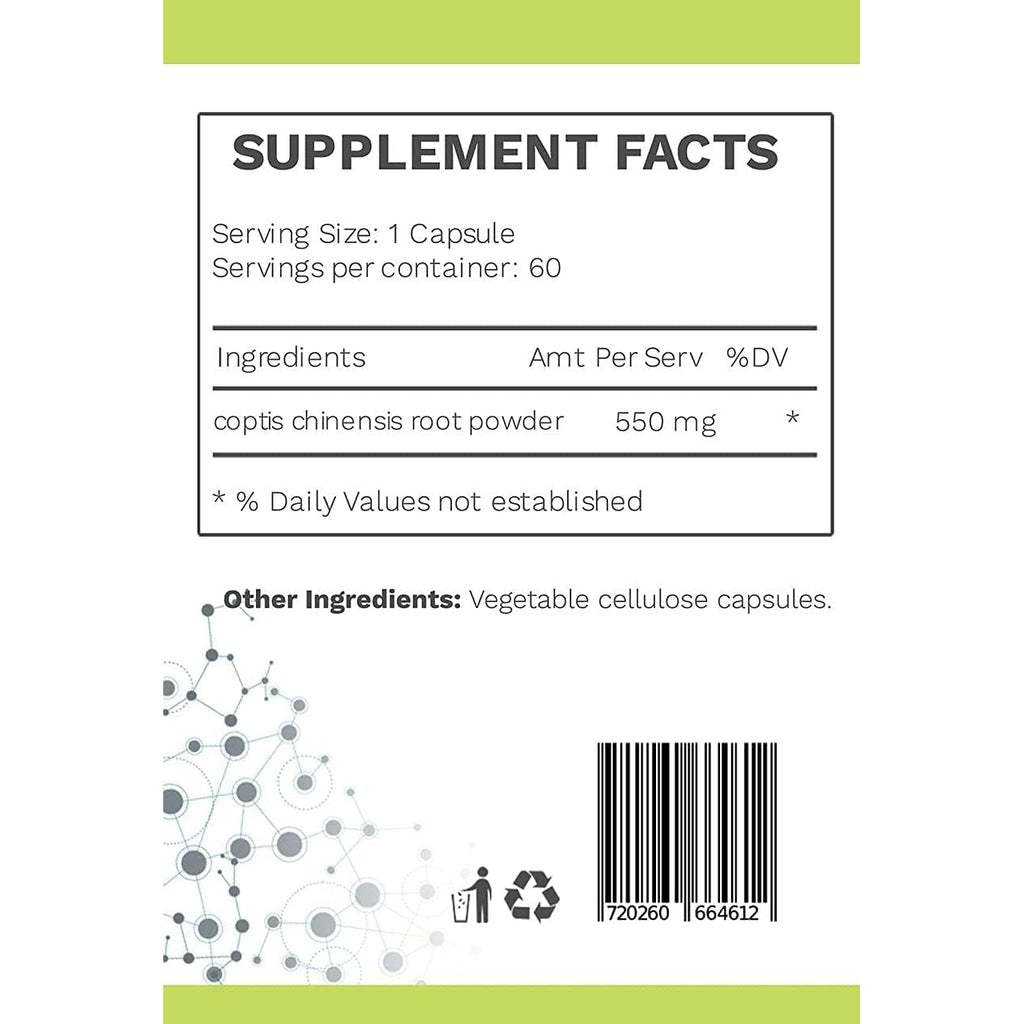 Chinese Coptis (Coptis Chinensis) - No Binder, No Fillers - Potent Whole Herb Huang Lian Su - Goldthread 550Mg Berberine Coptisine - Packaging May Vary