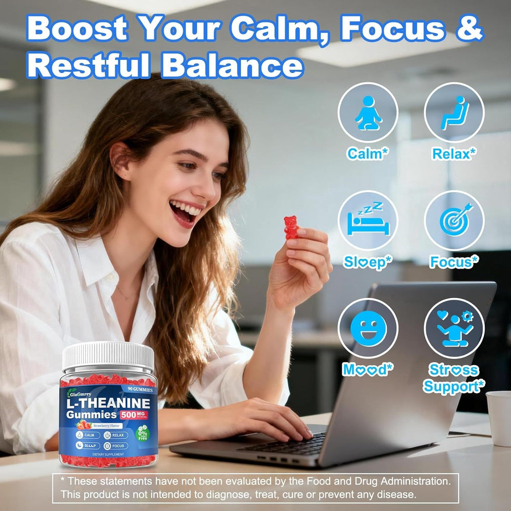 90 Count | L Theanine Gummies, L Theanine Supplement for Adults & Kids, W/Ashwagandha, Magnesium, GABA & 5-HTP, Sugar Free Liposomal Formula for Calm Relax Zzz M♡♡D & Focus, Vegan