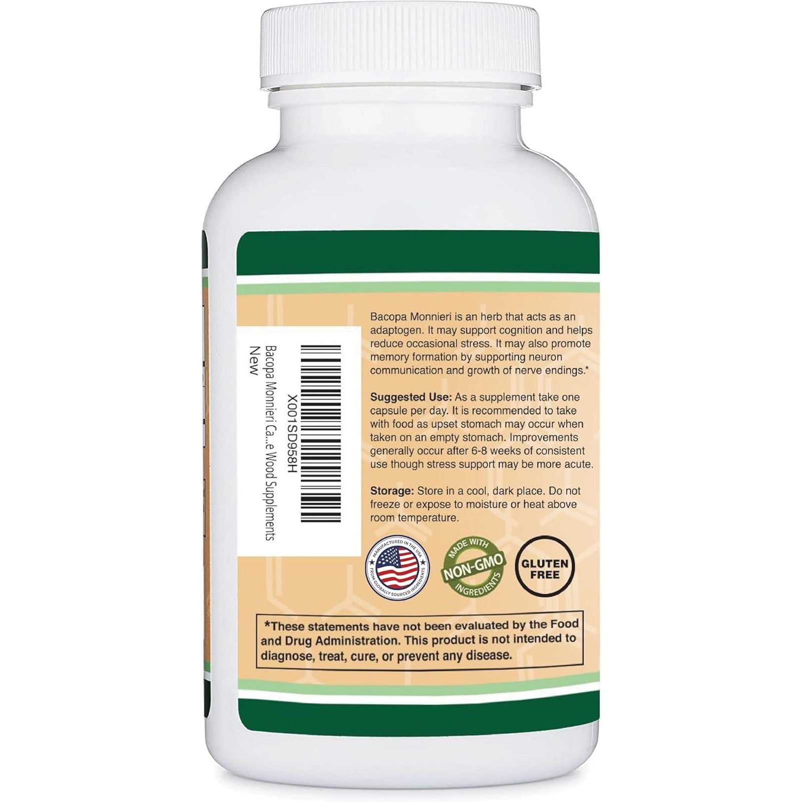 Bacopa Monnieri Capsules 20% Bacosides 450Mg, 90 Count (Non-Gmo, Gluten Free) Brahmi Extract (Memory Supplement for Brain Health, Focus, and Cognitive Function) by Double Wood