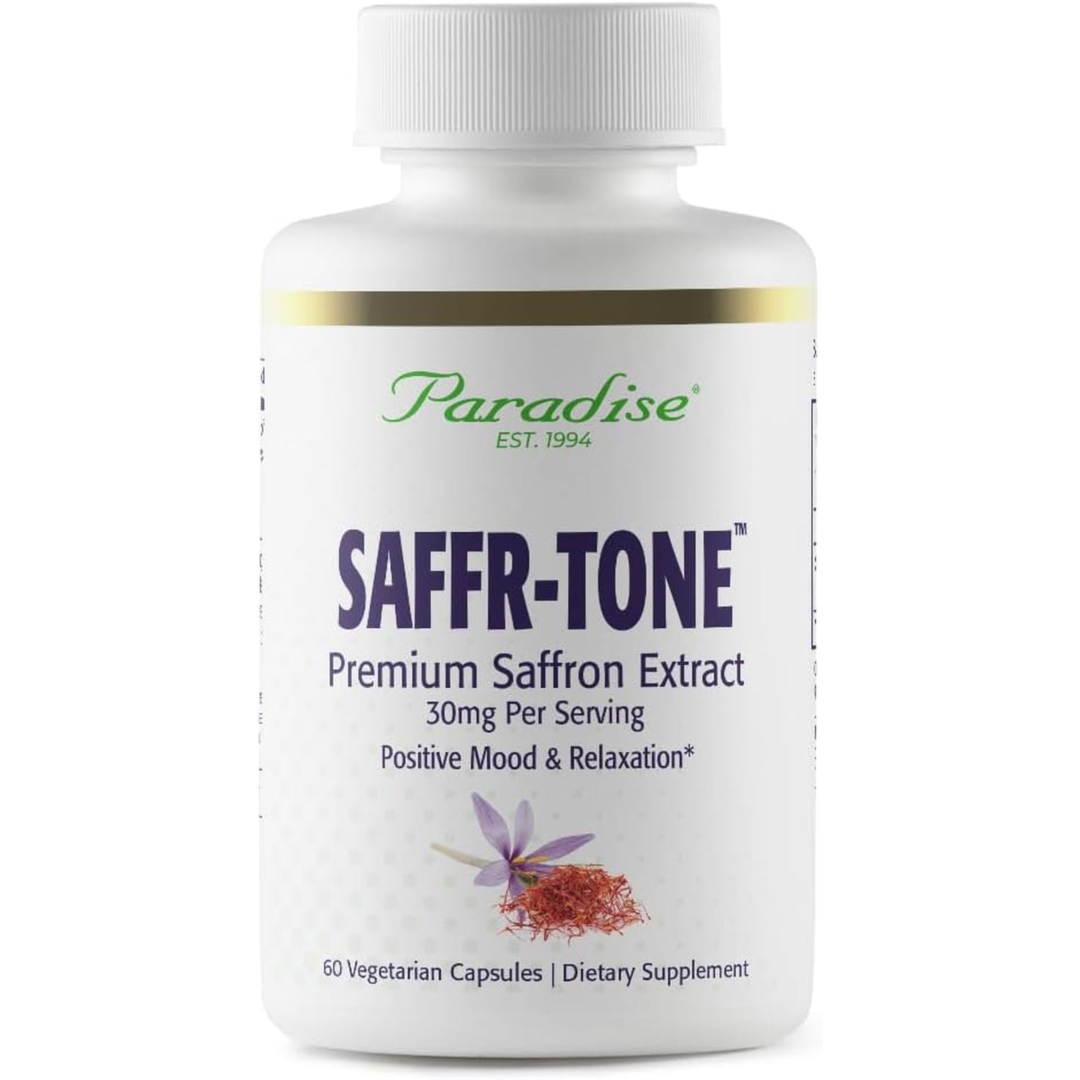 Paradise Herbs Saffr-Tone, Saffron Extract, Active Whole Spectrum Extract, Super Potent, Ultra Pure, Vegan, Non-Gmo, Gluten Free, 60 Vegetarian Capsules