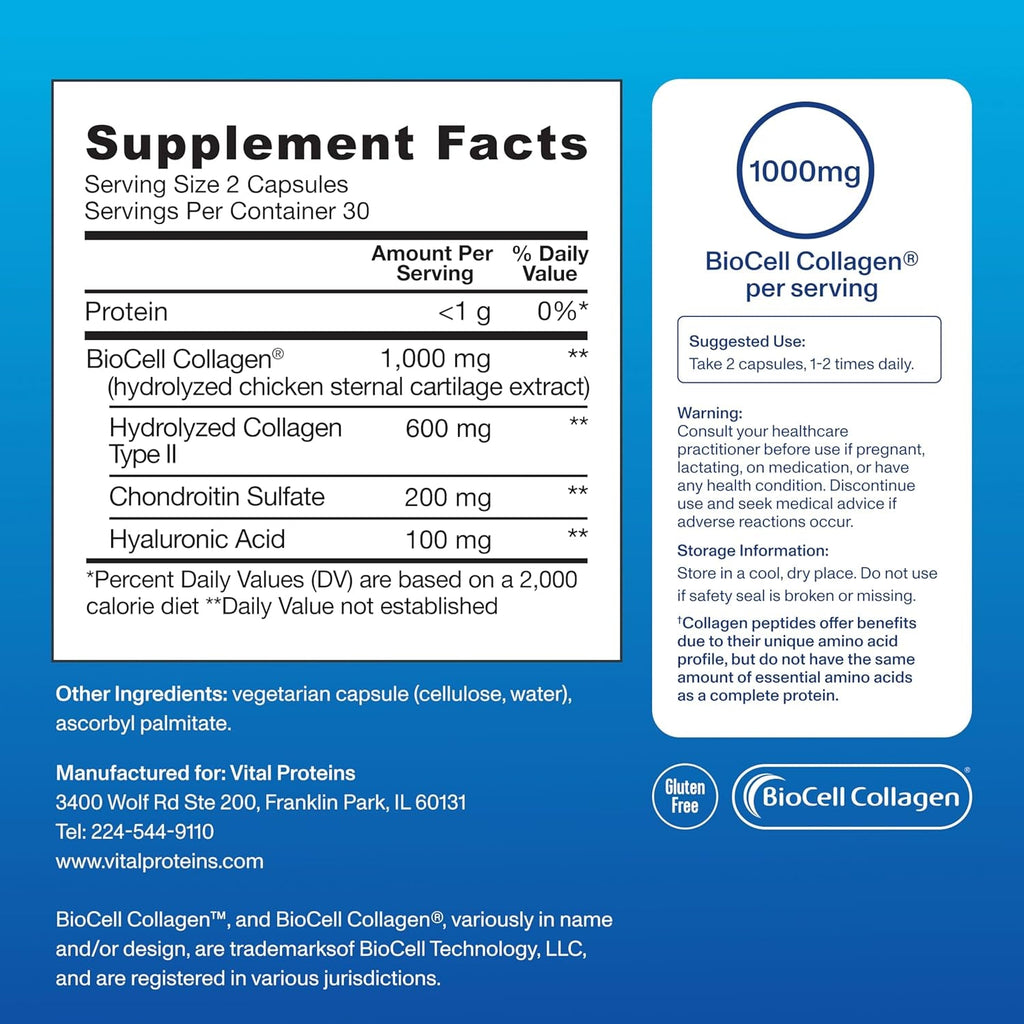 Vital Proteins® Enhanced Collagen Complex Capsules with Biocell Collagen® - Supports Skin Elasticity, Joint Health and Helps Reduce Fine Lines & Wrinkles (1) - 60 Count