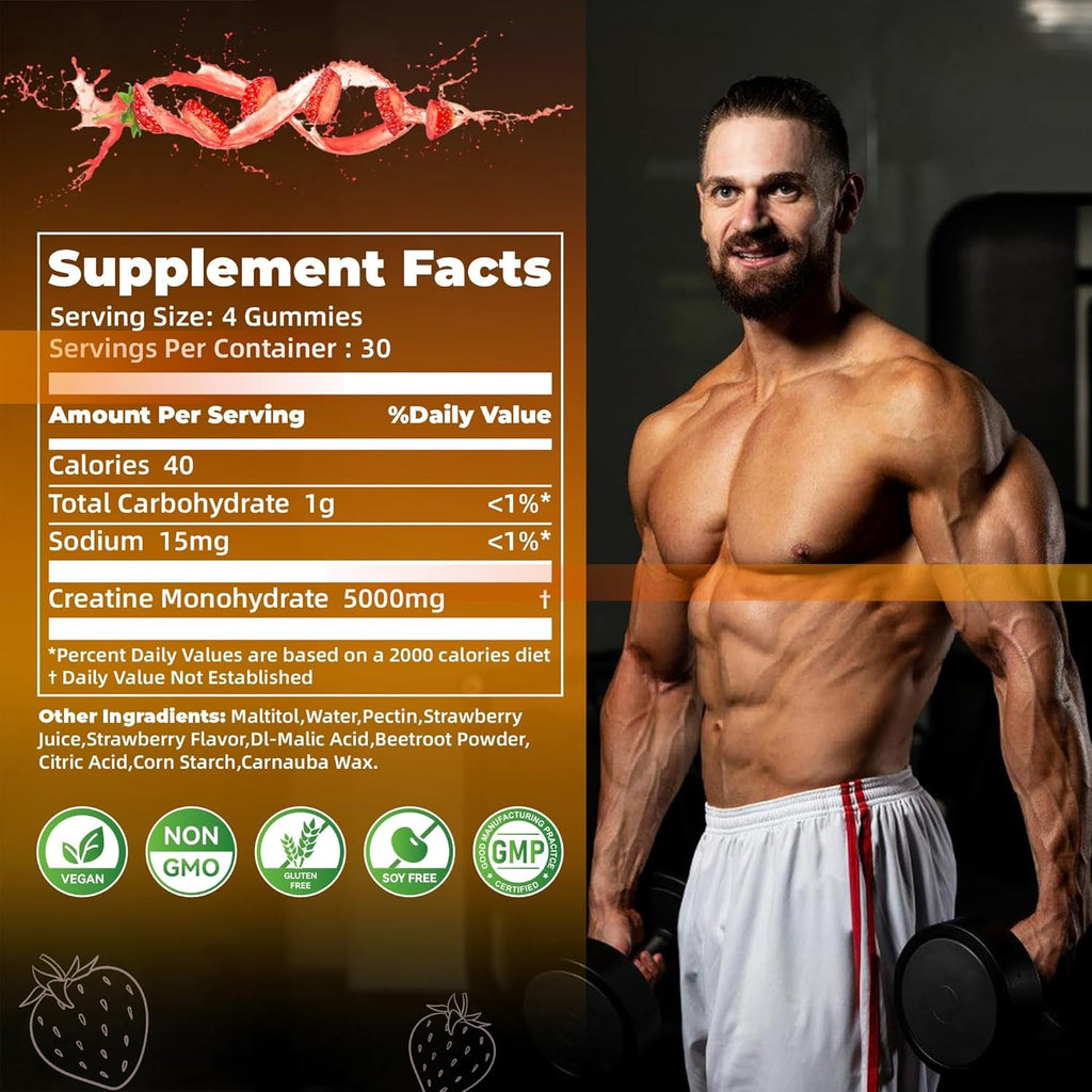 Nutravita NSF Certified Creatine Gummy - Creatine Monohydrate Gummies for Men & Women-5G of Creatine Monohydrate per Serving - Sugar Free,Vegan, Strawberry Flavor, 120 Count