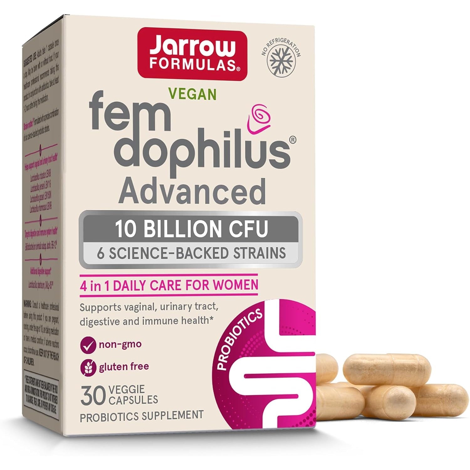Jarrow Formulas Fem-Dophilus Advanced Vaginal & Digestive Probiotics 10 Billion CFU with 6 Science Backed Strains, for Vaginal, Urinary Tract, Digestive & Immune Support, 30 Capsules, Shelf-Stable