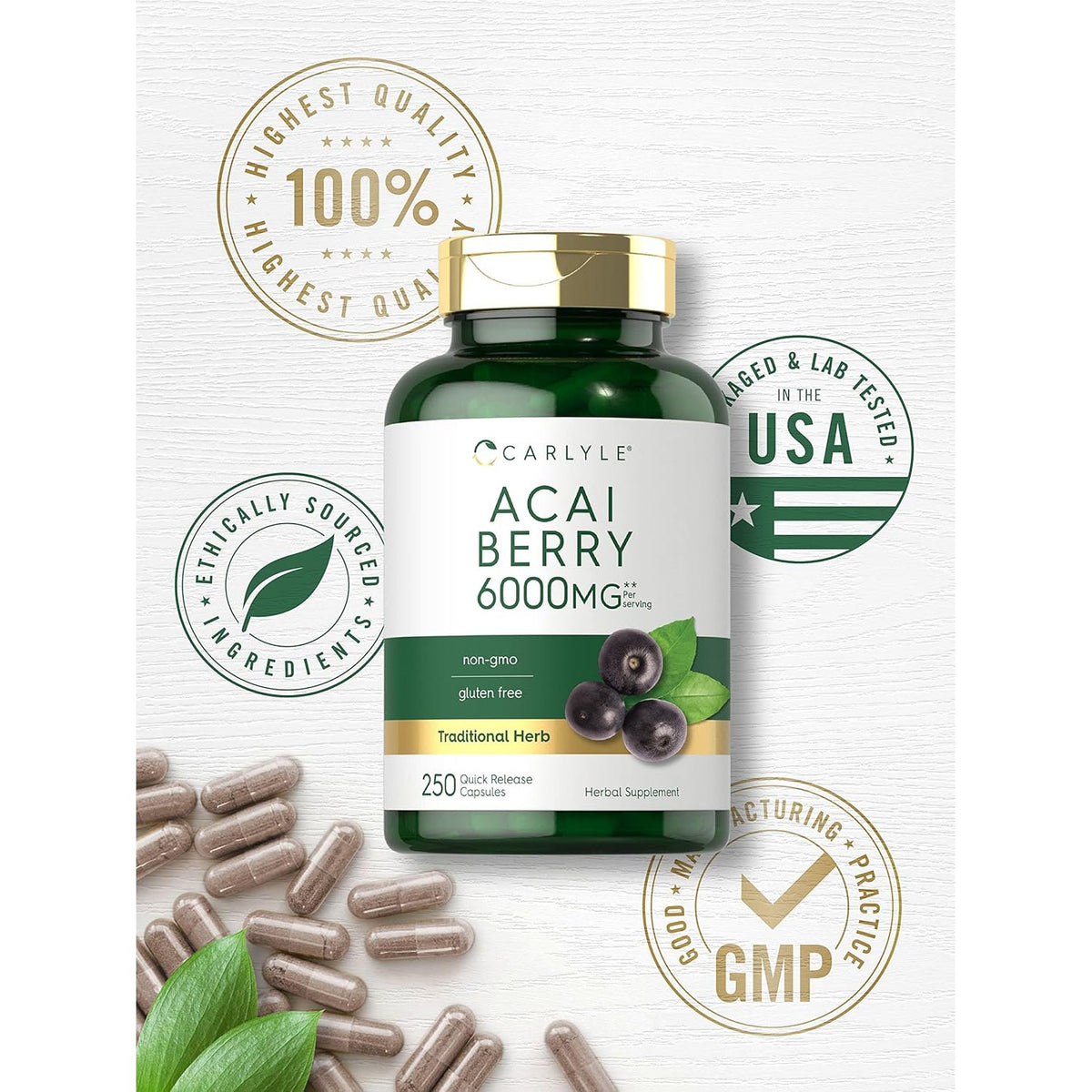 Carlyle Acai Berry Supplement | 250 Capsules | Traditional Herbal Extract | Non-Gmo & Gluten Free