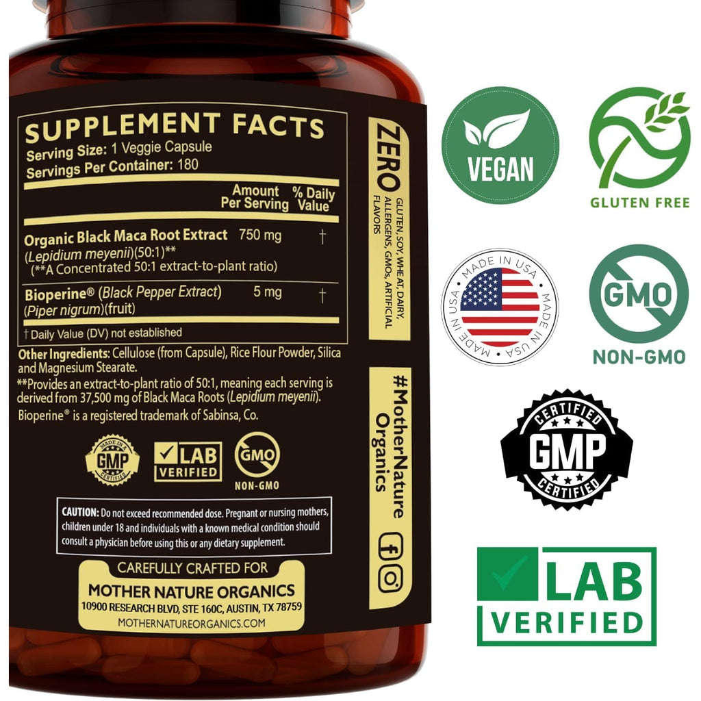 Black Maca Root 50:1 750Mg – 180 Capsules Organic Peruvian Maca Peruana Supplement for Men | High Potency Energy, Mood & Performance Support | Vegan, Non-Gmo