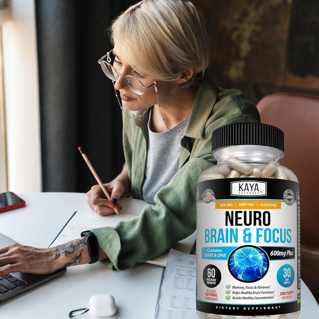 Kaya Naturals - Neuro Brain for Memory & Focus - Nootropic Energy Capsule - Nootropic Brain Support Supplement - Focus & Concentration & Learning Accuracy - Cognitive Function - 60 Count
