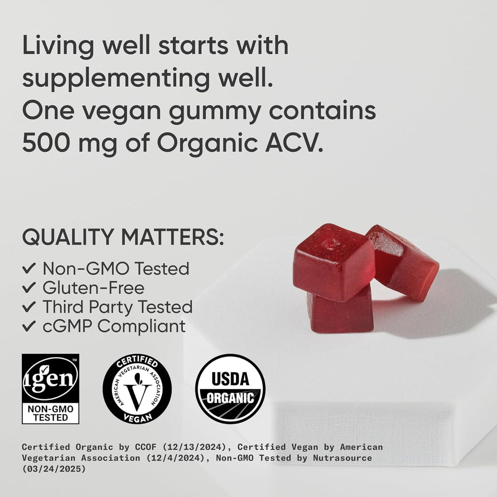 Sports Research® Organic Apple Cider Vinegar Gummies - for Diet Cleanses & Digestion | 500Mg | Non-Gmo Tested, Certified Vegan, Gluten Free ACV - 60 Gummies for Adults, 1 Month Supply