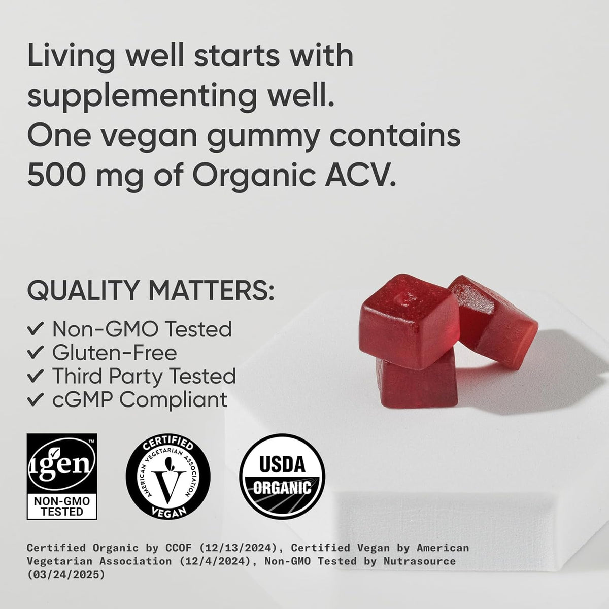 Sports Research® Organic Apple Cider Vinegar Gummies - for Diet Cleanses & Digestion | 500Mg | Non-Gmo Tested, Certified Vegan, Gluten Free ACV - 60 Gummies for Adults, 1 Month Supply