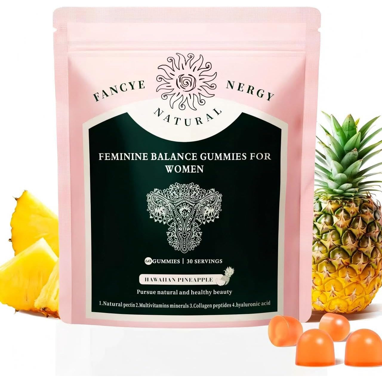 Premium Feminine Balance Gummies for Women - Hawaiian Pineapple Gummies for Women Ph, Support Probiotic - Immune Health - Gluten-Free with Vegetarian Friendly - Vitamin C - 60 Count