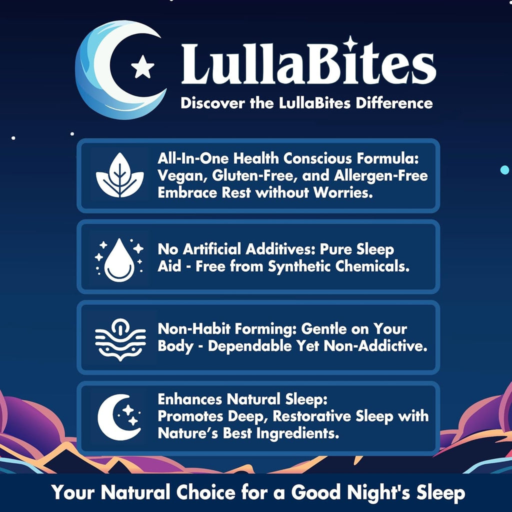 Lullabites - Natural Sleep Gummies - Made in USA - with 5-HTP, L-Theanine, Magnesium & Valerian Root - Melatonin Free - Vegan - Halal - Sugar, Gluten Free - Sweet Strawberry - 60 Gummies - 30 Servings