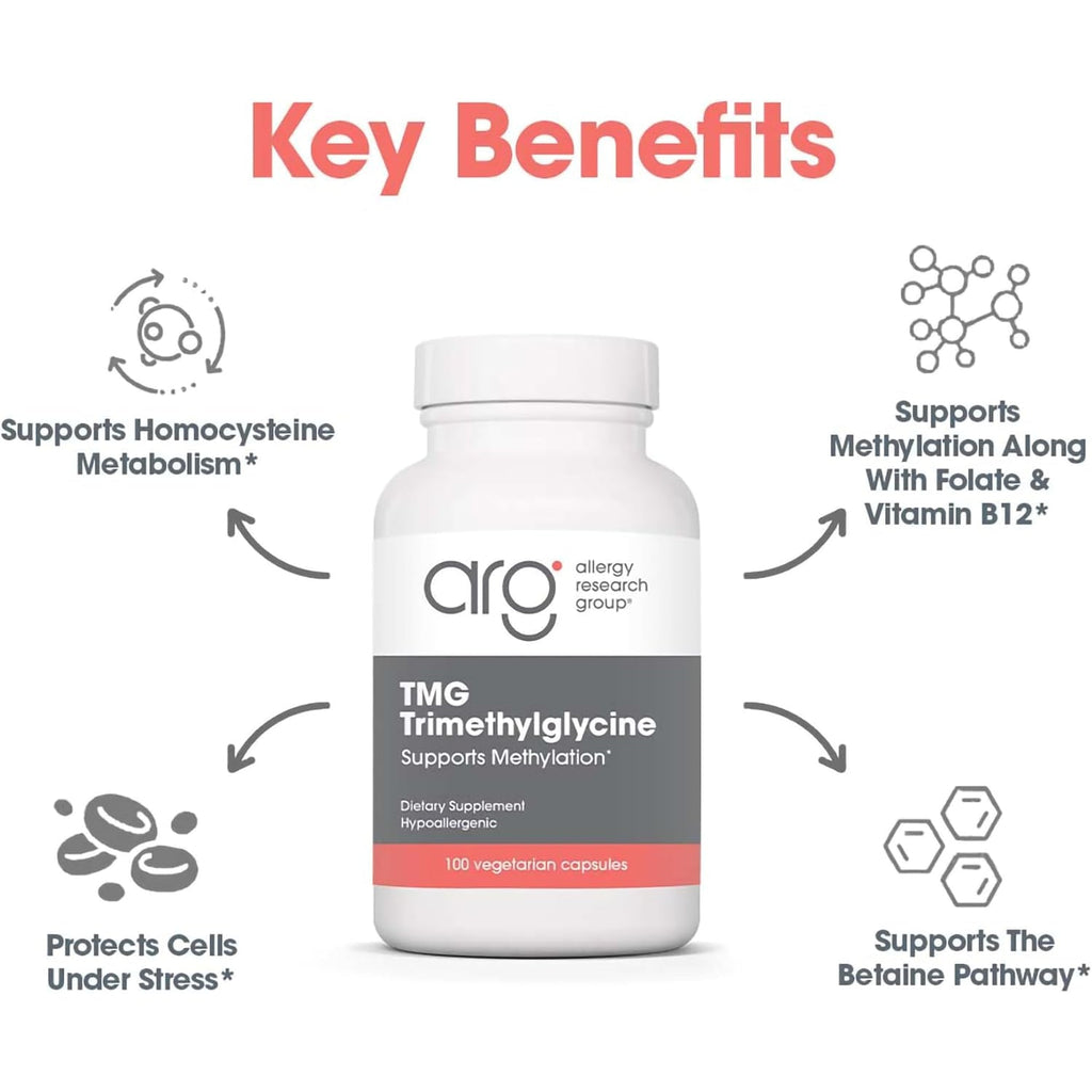 Allergy Research Group ARG TMG Trimethylglycine - Supports Cardiovascular & Liver Health - Delivers 750 Mg Trimethylglycine per Serving - Vegetarian & Hypoallergenic - 100 Servings - 100 Capsules