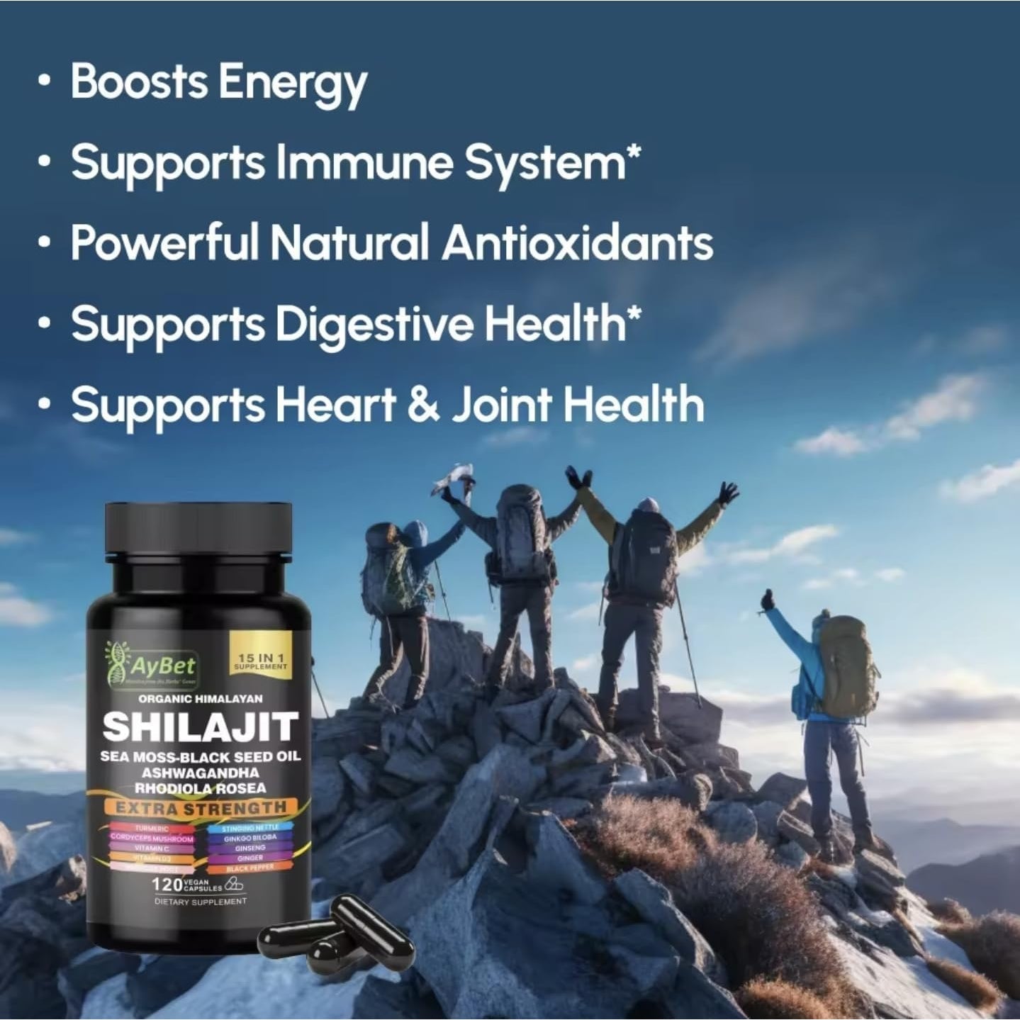 Shilajit for Men and Women-Organic Himalayan Shilajit Capsules with Sea Moss, Black Seed Oil, Ashwagandha, Rhodiola Rosea, Burdock, Cordyceps Mushroom, Ginseng, Turmeric, Ginger, 120 Capsules