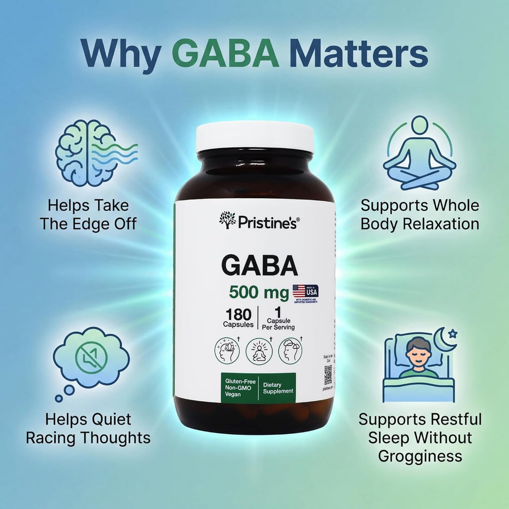 PRISTINE'S GABA 500Mg Sleep Quality Support Supplement - 180 Day Supply - Calm Mind & Relaxation Sleep Support Capsules Glass Bottle