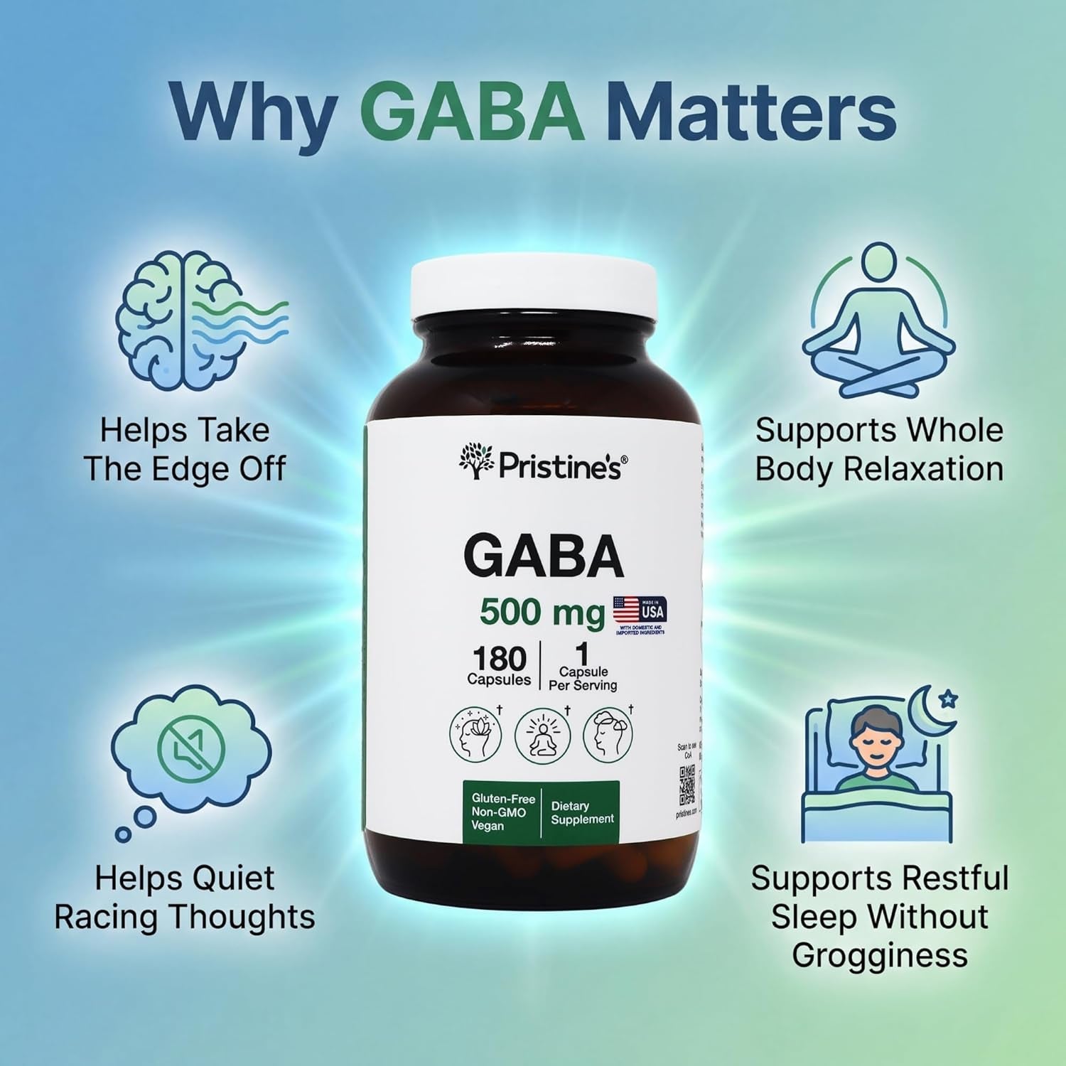 PRISTINE'S GABA 500Mg Sleep Quality Support Supplement - 180 Day Supply - Calm Mind & Relaxation Sleep Support Capsules Glass Bottle