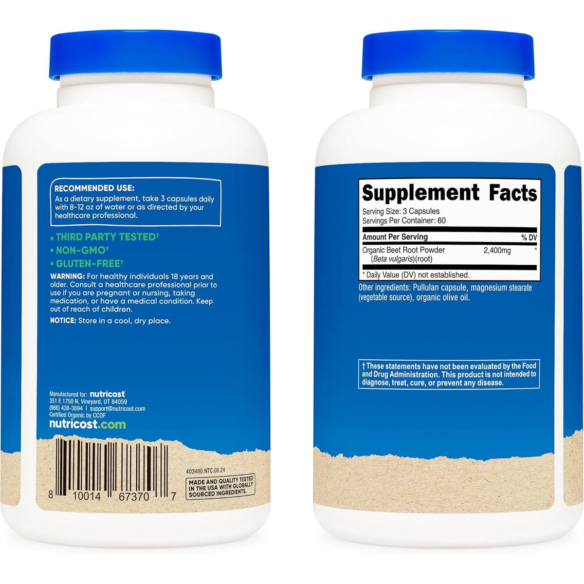 Nutricost Beet Root 2400Mg, 180 Capsules - CCOF Certified Made with Organic Beet Root, Superfood, 60 Servings