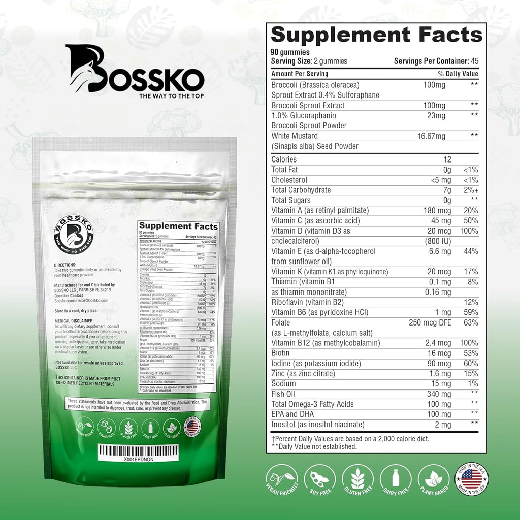 Bossko Sulforaphane Gummies with Omega-3 – Broccoli Sprout Extract, EPA/DHA & Antioxidants – Cellular Health & Mood Support – 90 Vegan Gummies – Mixed Berry Flavors – Sugar-Free