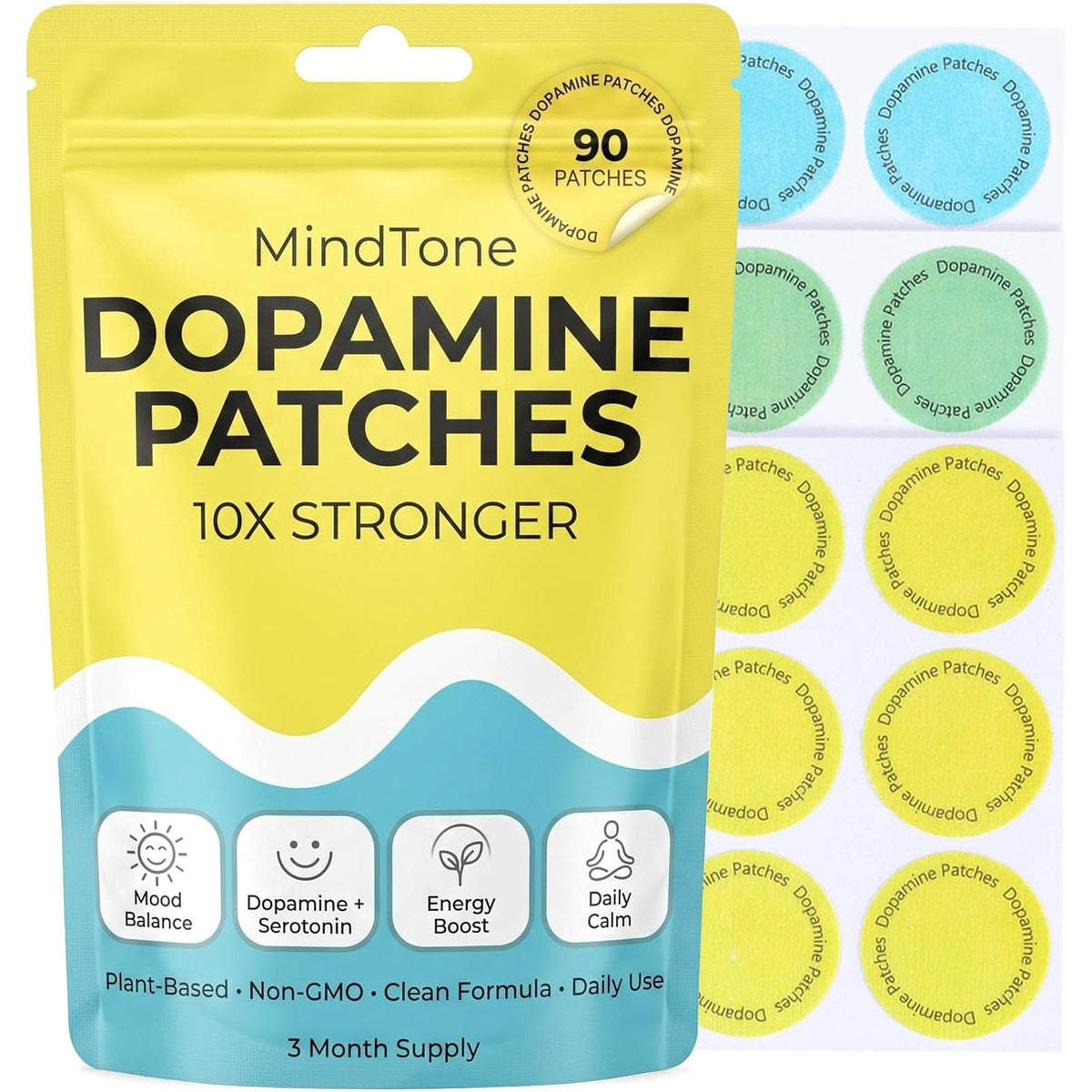 Dopamine Patches Extra Strength – 90 Count Plant-Based Non-Gmo Mood Support & Energy Patch – Dopamine & Serotonin Balance – Mood Balance Patch for Women & Men – 3 Month Supply