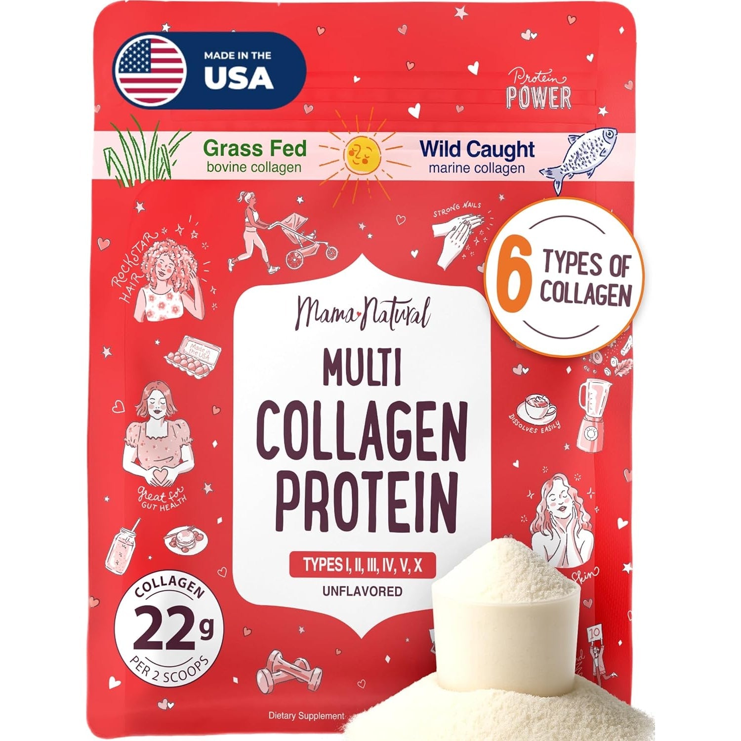 Multi Collagen Protein Powder Type I II III IV V X - Unflavored & Hydrolyzed 16Oz Pure Collagen Peptides Powder - Grass Fed Beef, Wild Fish Marine & USA Eggshell - Whole Body Collagen