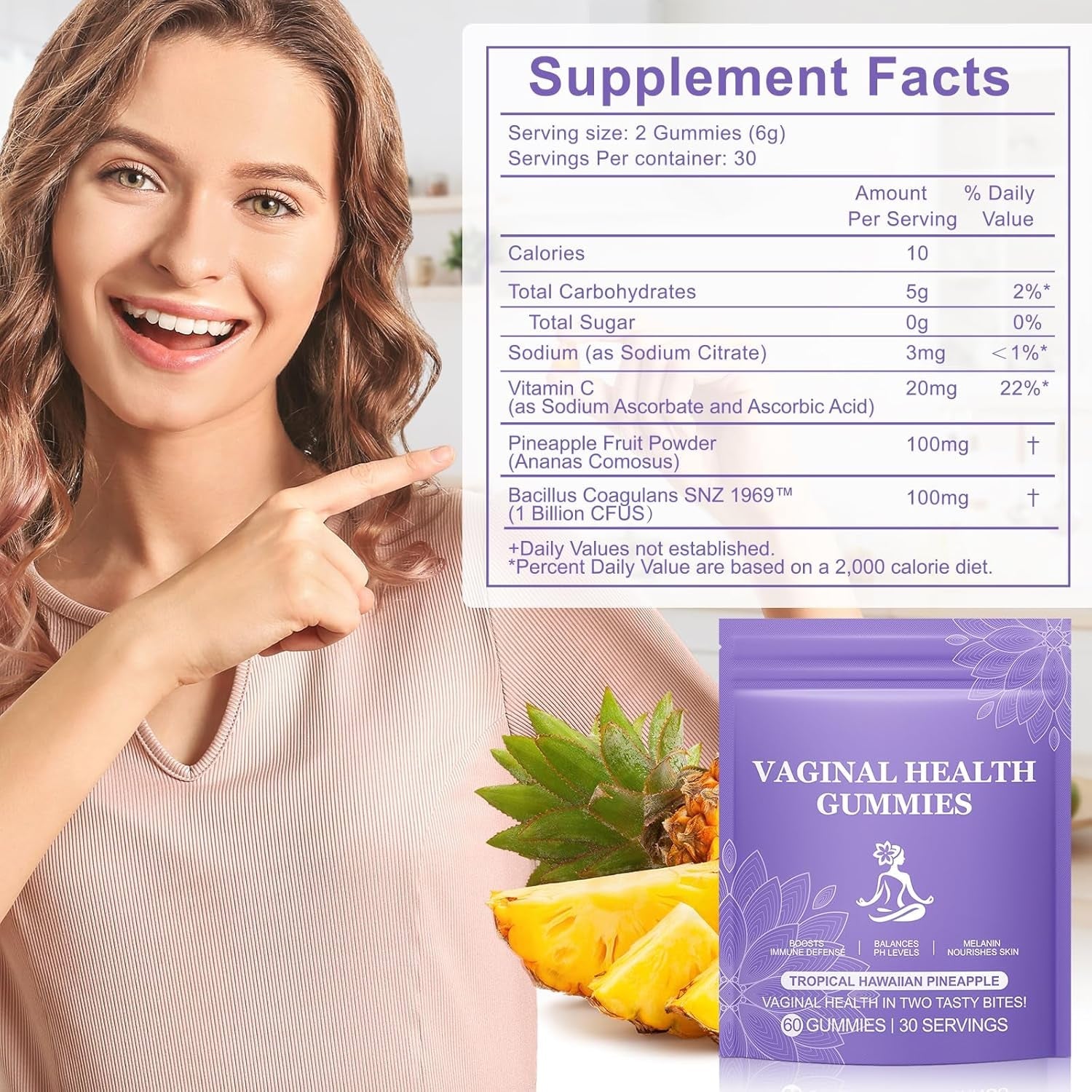 Pineapple Gummies for Women PH 60 Count, PH Balance for Women, Probiotics Vaginal Gummy, Improve Immune, Hawaiian Pineapple Flavor, Vegan & Low Sugar, Premium Balance Gummies