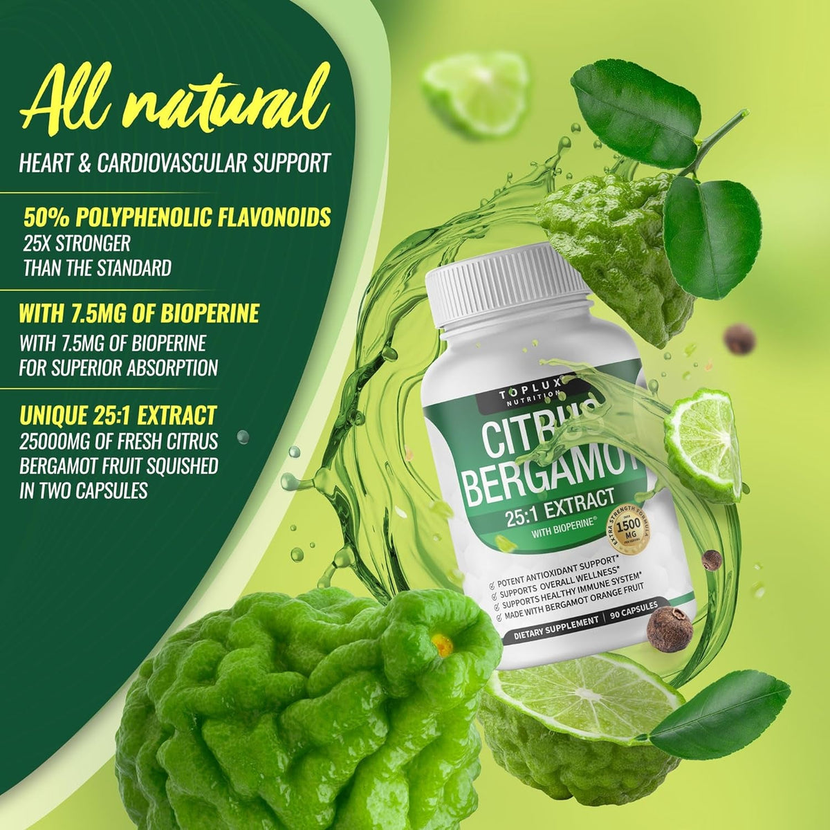 Citrus Bergamot Supplement 1500Mg - 25:1 Bergamot Extract to Support Overall Health, Immune System, Potent Antioxidant High Absorption Natural Vegan Non-Gmo for Men Women, 90 Capsules