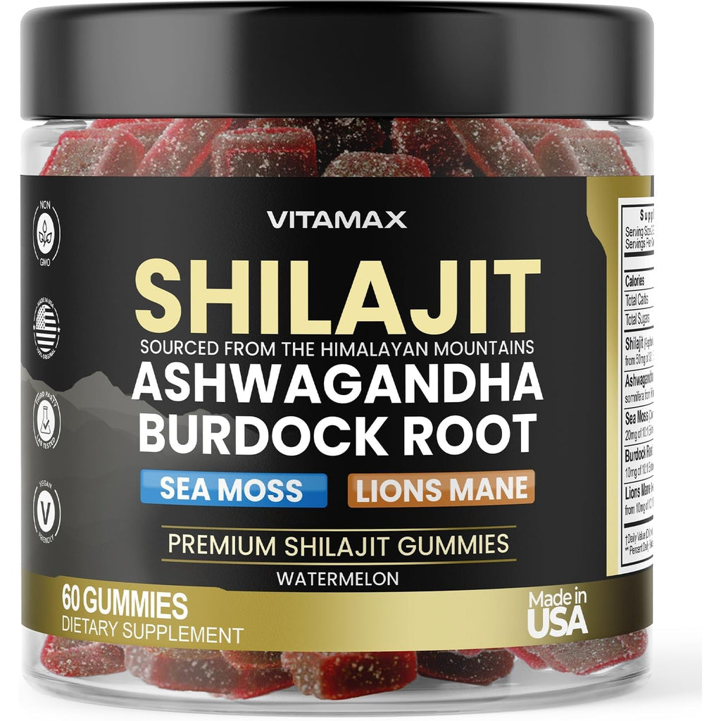 Pure Shilajit Gummies, Sea Moss, Ashwagandha, 105+ Trace Minerals – Organic Burdock Root & Lions Mane Mushroom – Watermelon Flavor - Vegan & Non-Gmo – Made in USA – 60Ct