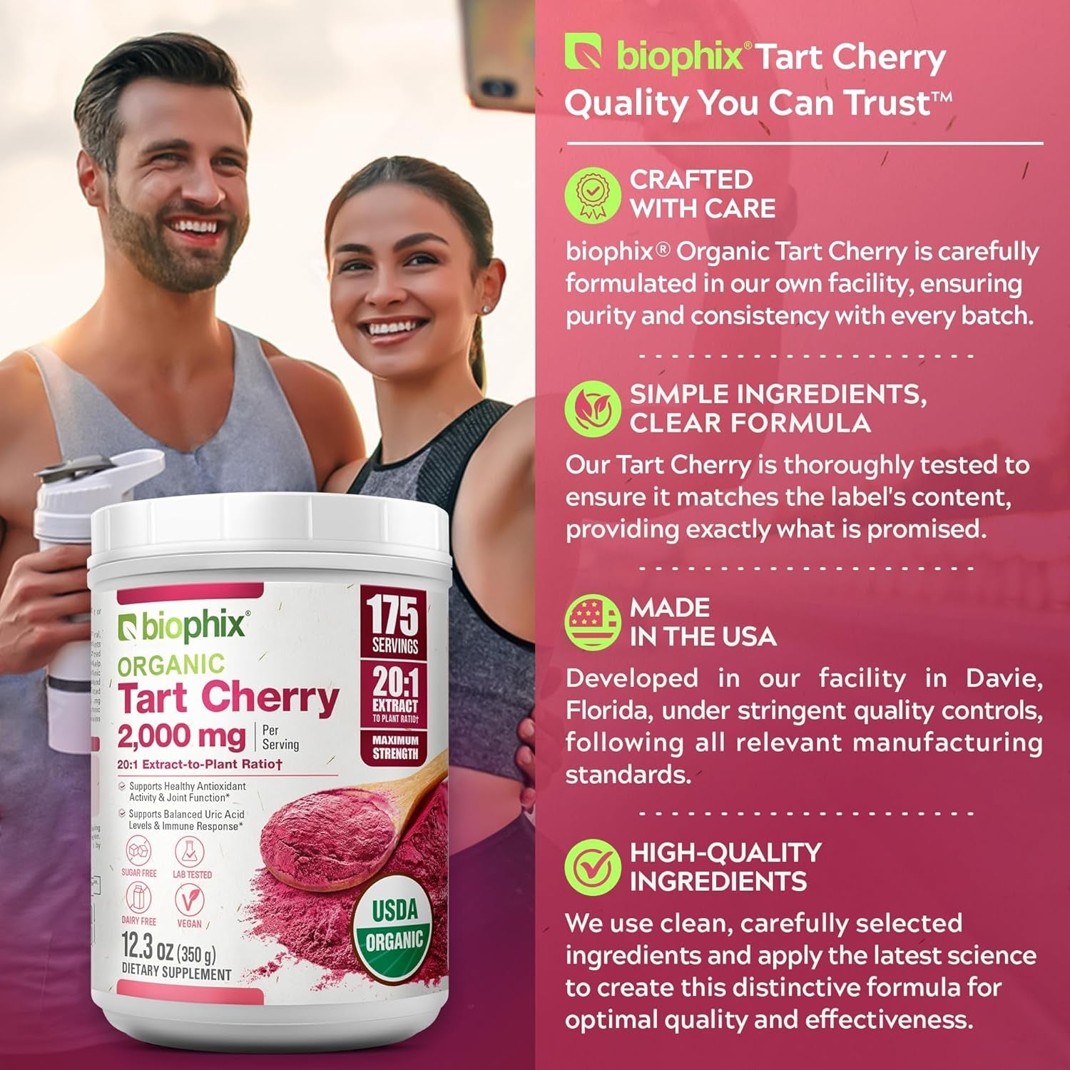 Biophix Tart Cherry Powder Organic USDA 20:1 Extract 12.3 Oz 350 G - Antioxidant-Rich Superfood - Supports Heart Health - Digestive Health - Natural Flavor - No Sugar Added