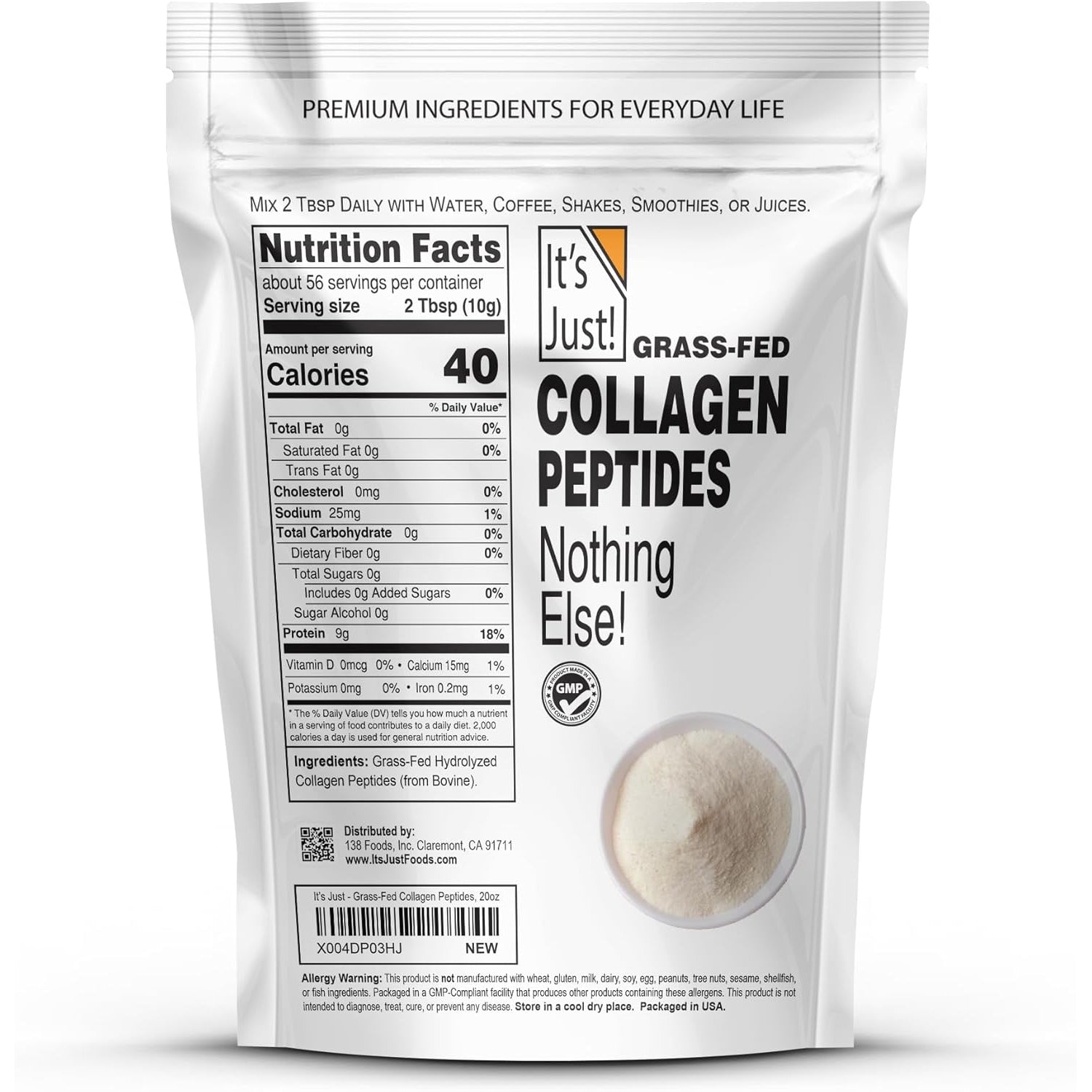 It'S Just! - Collagen Peptides (1.25Lb) Grass-Fed Protein Powder, Unflavored, GLP-1 Friendly, Heavy Metal Tested by 3Rd Party Lab, Type I & III, Hydrolyzed to Dissolve Quickly, 20Oz