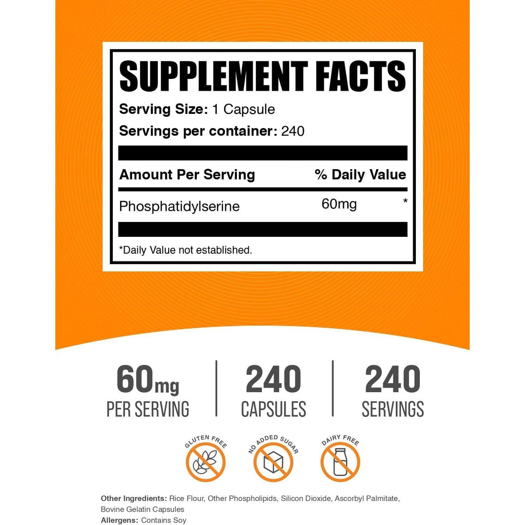 Bulksupplements.Com Phosphatidylserine Capsules - Phosphatidylserine Supplement - Gluten Free, 1 Capsule per Serving (60Mg), 240 Capsules (Pack of 1)