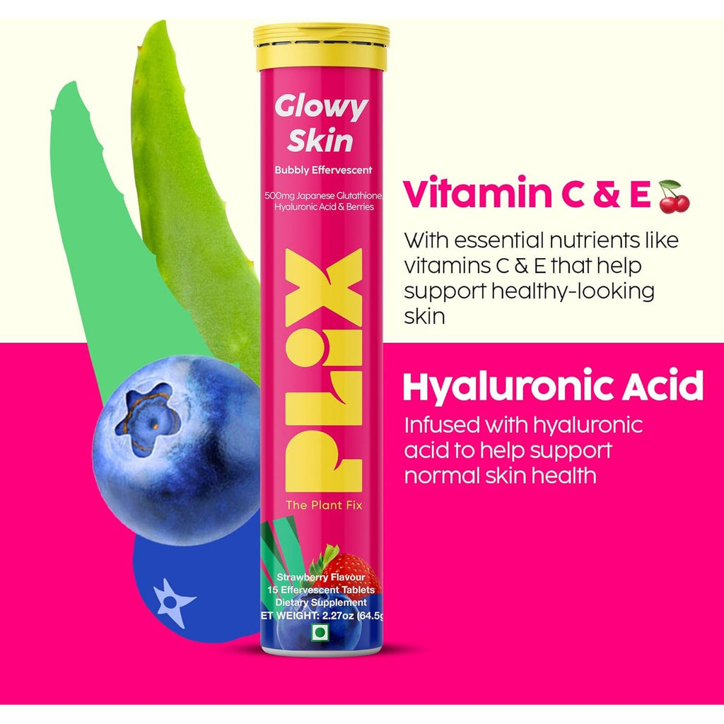 PLIX Glowy Skin 500Mg Glutathione Supplement with Hyaluronic Acid, Vitamin C, E & Berries | 30 Effervescent Tablets, Strawberry Flavor