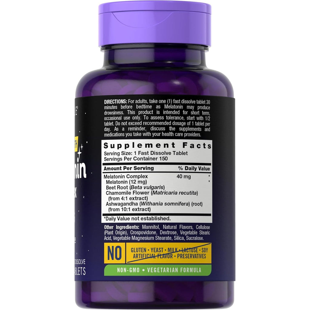 Carlyle Melatonin 40Mg Complex | 150 Fast Dissolve Tablets | Extra Strength Support | with Ashwagandha and Chamomile | Vegetarian, Non-Gmo, Gluten Free Supplement