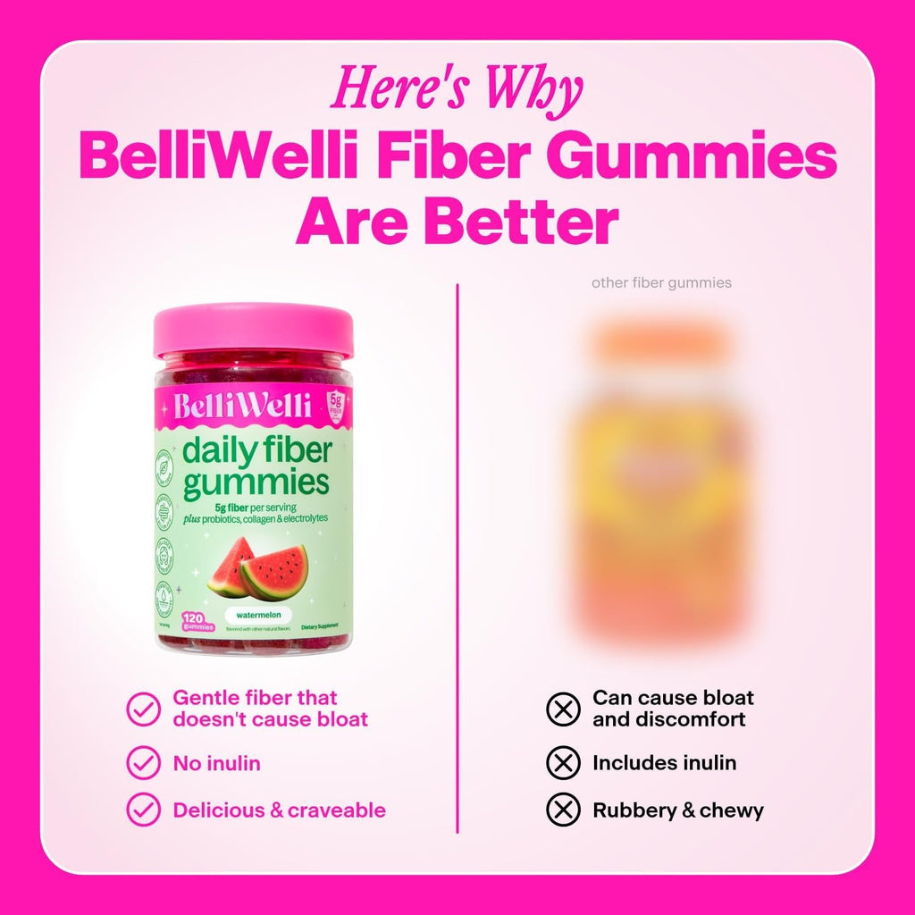 Belli Welli Fiber 4-In-1 Fiber Gummies Supplement with Added Probiotics, Collagen and Electrolytes for Regularity and Bloat Relief, Watermelon, 120 Count