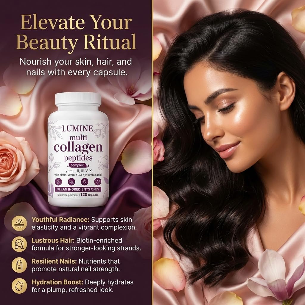 LUMINE Multi Collagen Complex Capsules, Collagen Peptides, Non-Gmo Ingredients,Free from Gluten and Soy. Vegan-Friendly, 120Capsules / 60 Servings