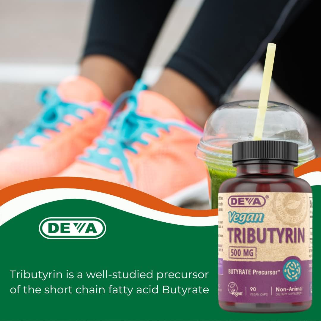 DEVA Vegan Tributyrin Supplement - Butyrate Precursor, Gut Barrier Support, Butyric Acid, 500 MG Vegan Capsules, Leaky Gut Support, Digestion, 90 Count