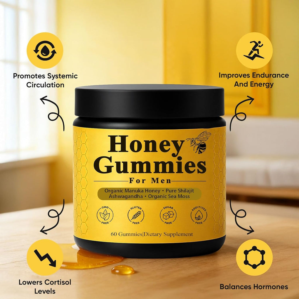 Honey Gummies for Men, Vitality Booster Manuka Honey Gummies, with Shilajit, Ashwagandha, Sea Moss, Improves Endurance, Lowers Cortisol, Reduces Fatigue, Vegan, Non-Gmo (60 Gummies) (1)