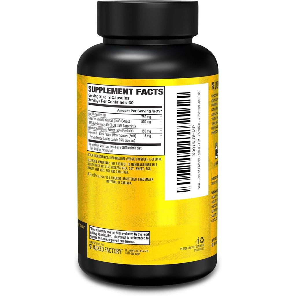 Jacked Factory Lean-Xt Caffeine Free Fat Burner - Non Stim Weight Loss Supplement, Appetite Suppressant & Metabolism Booster | Acetyl L-Carnitine, Green Tea Extract, Forskolin - 60 Natural Diet Pills