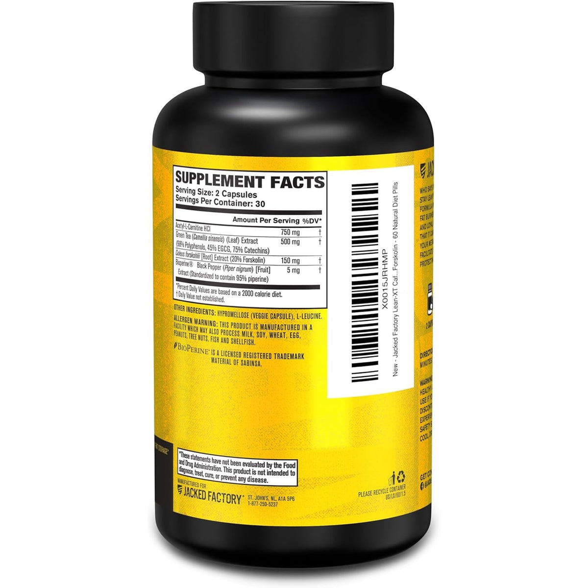 Jacked Factory Lean-Xt Caffeine Free Fat Burner - Non Stim Weight Loss Supplement, Appetite Suppressant & Metabolism Booster | Acetyl L-Carnitine, Green Tea Extract, Forskolin - 60 Natural Diet Pills