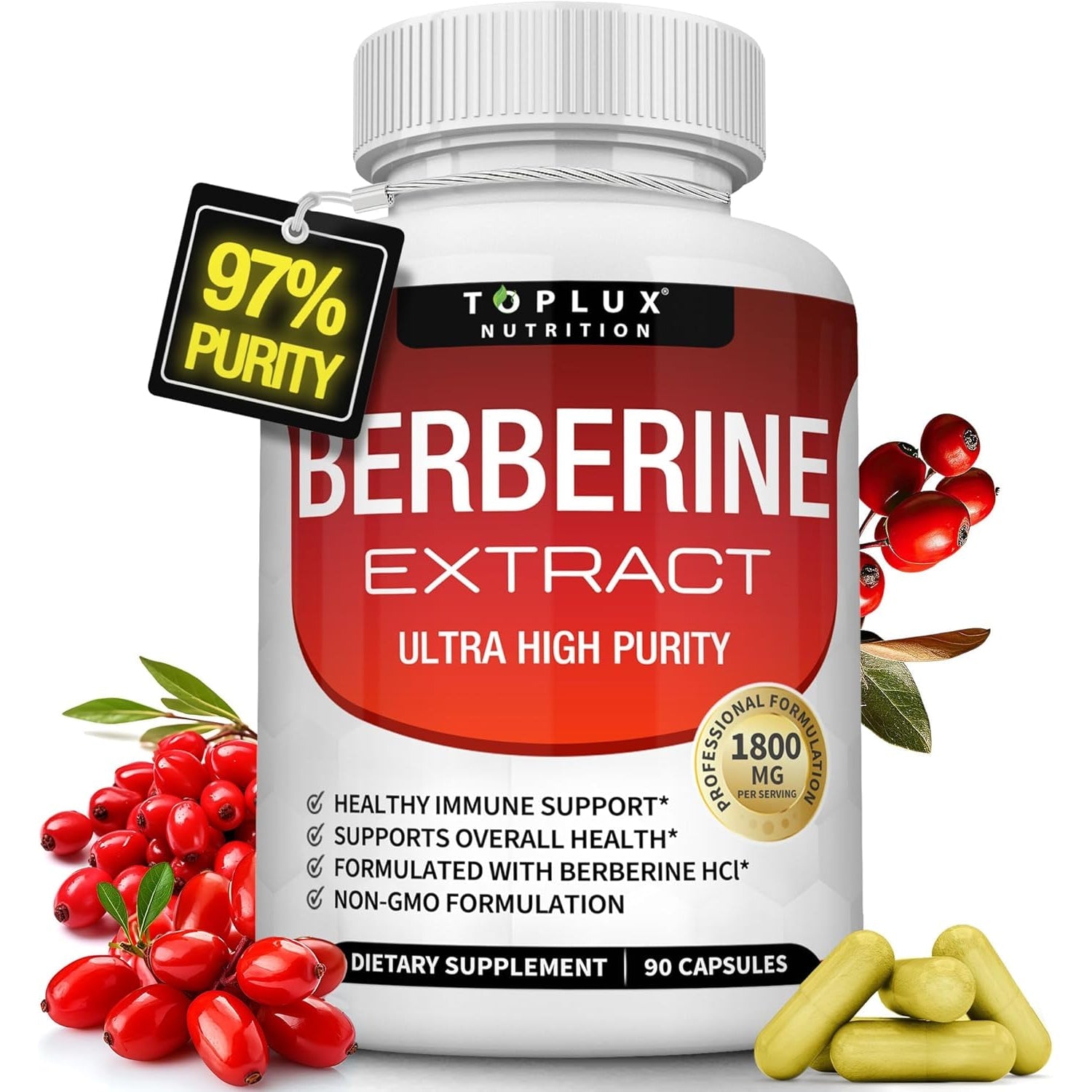 Toplux Berberine Supplement 1800Mg - Berberine HCL 97% Tested Ultra High Purity Premium Berberine Extract to Support Overall Health, High Potency Berberine plus Non-Gmo Vegan Men Women, 90 Capsules