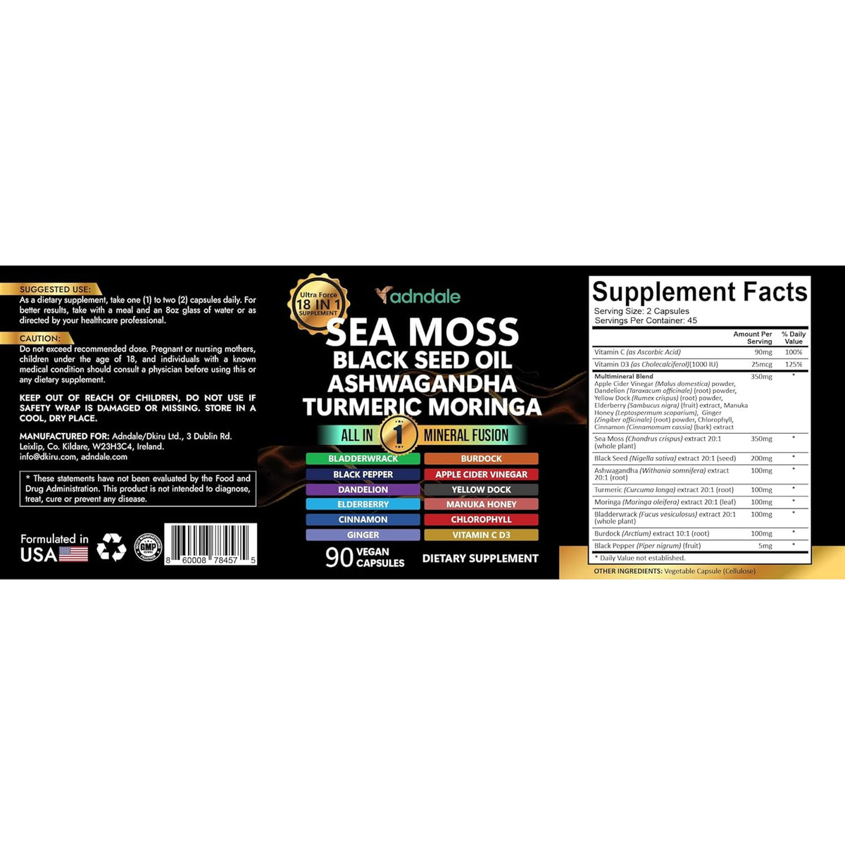 Adndale Sea Moss Capsules - Sea Moss Blend with Ashwagandha, Turmeric & Black Seed Oil - 180 Count