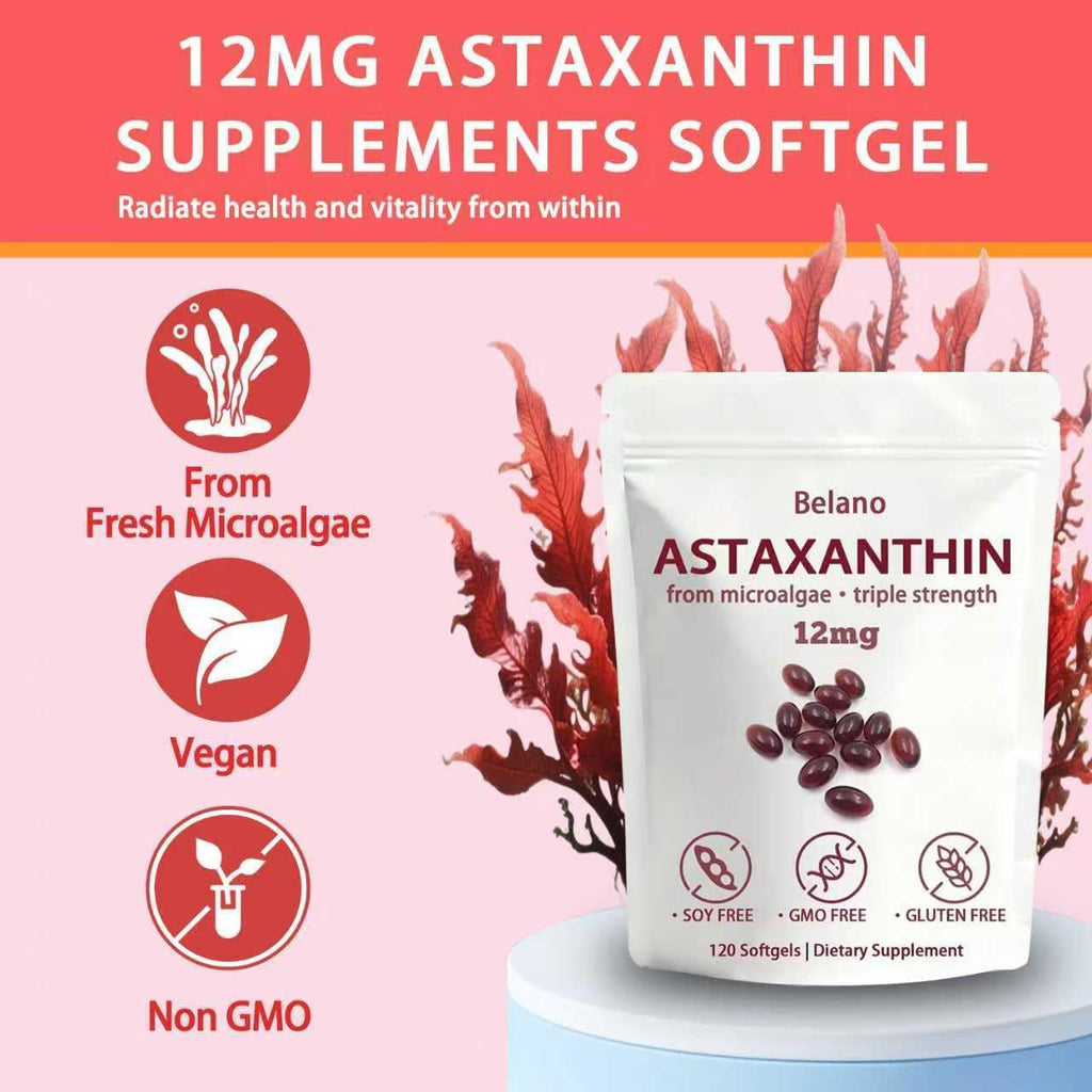 BELANO Valasta Astaxanthin，Zeria Astaxanthin12Mg，Easy to Swallow, Non-Gmo，4-Month Supply，120 Softgels