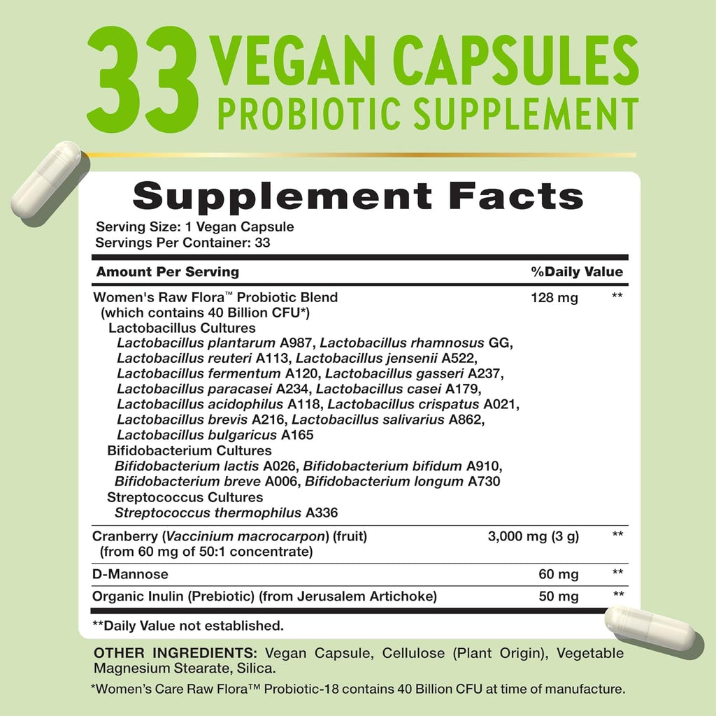 Raw Flora Women'S Probiotics | Dr. Formulated 40 Billion CFU + Prebiotics | Digestive, Vaginal & Urinary Support | 33 Vegan Capsules with Cranberry & D-Mannose | Shelf Stable